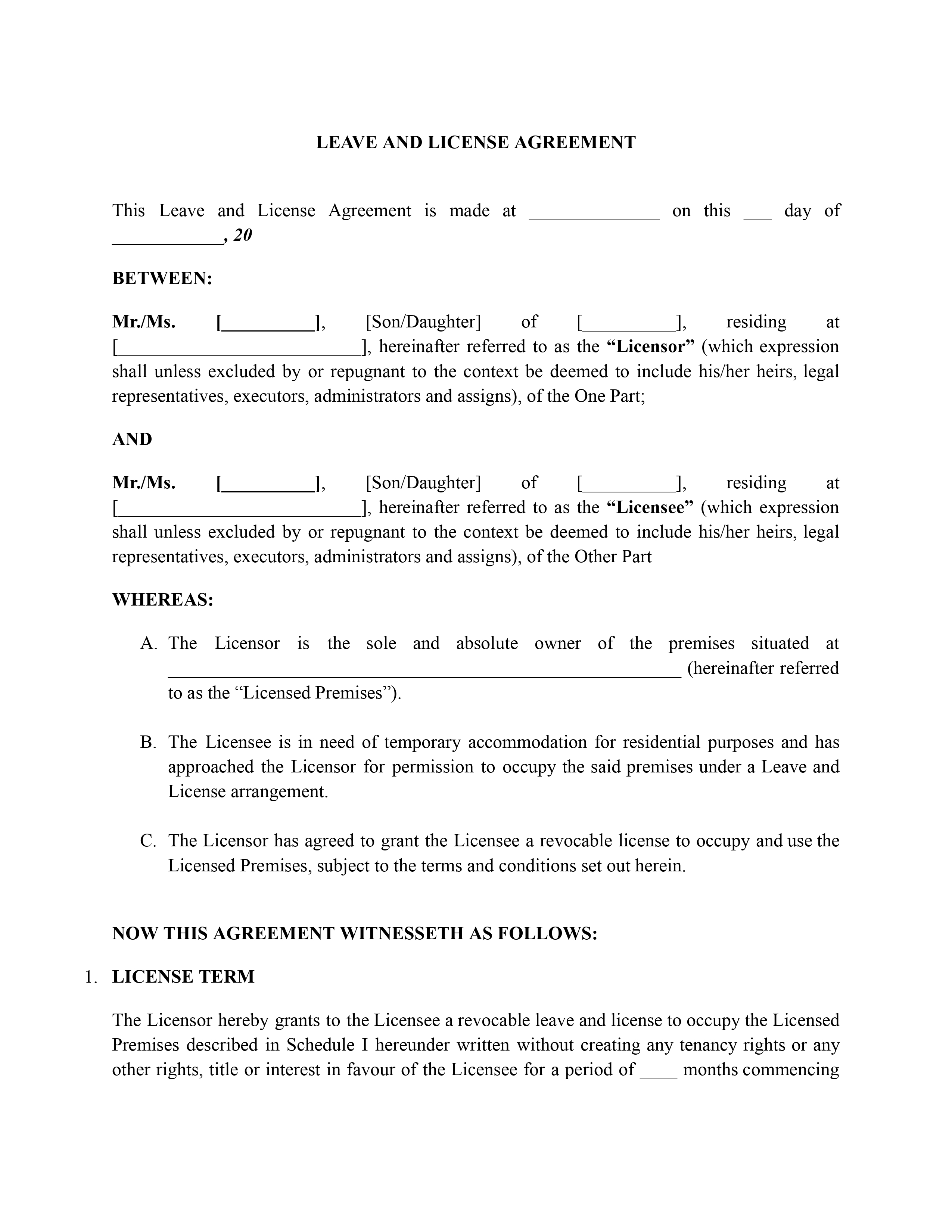 Mumbai Leave and License Agreement