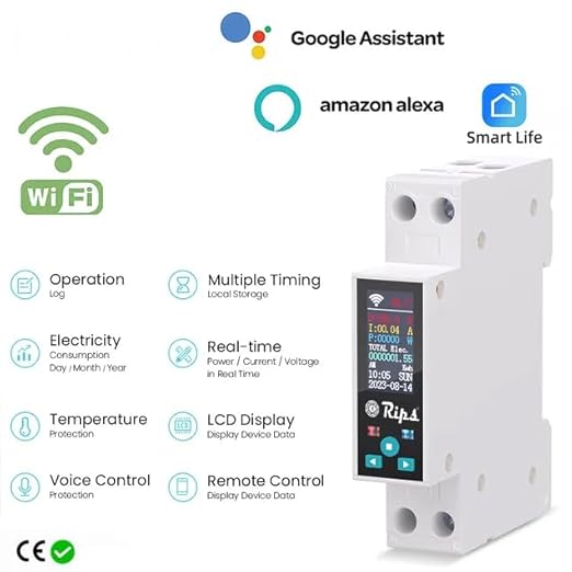 AC Smart WiFi Energy Meter-(IoT) Color LCD|HIgh/Low Volt&OverLoad Protection+Timer-Siri/Alexa-Support-V-A-W-Kwh-Cost-Hz-PF-Temperature-Humidity-Timer (50A_MCB_Din_Rail)