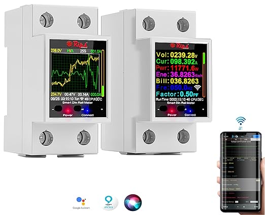 AC Smart WiFi Energy Meter-(IoT) Color LCD|HIgh/Low Volt&OverLoad Protection+Timer- Siri/Alexa-Support-V-A-W-Kwh-Cost-Hz-PF-Temperature-Humidity-Timer (100A_MCB_Din Rail-2MD)