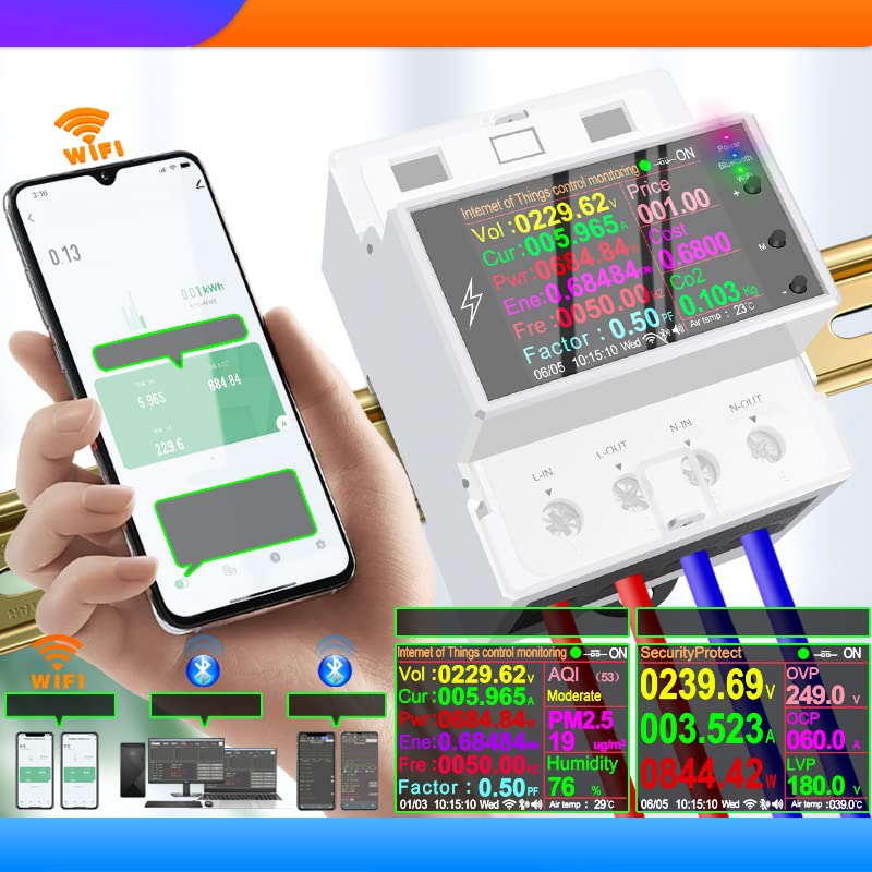 AC Smart WiFi Energy Meter-(IoT) Color LCD|HIgh/Low Volt&OverLoad Protection+Timer-Siri/Alexa-Support-V-A-W-Kwh-Cost-Hz-PF-Temperature-Humidity-Timer (100A Din Rail)