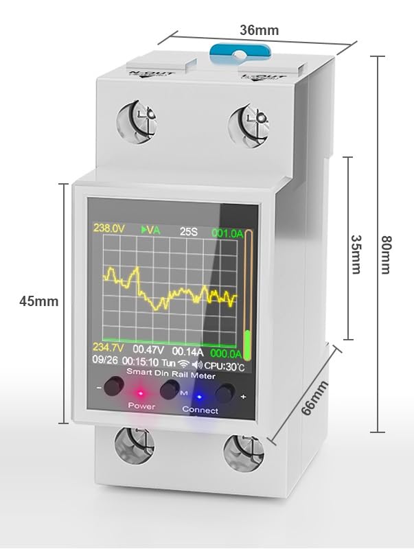 AC Smart WiFi Energy Meter-(IoT) Color LCD|HIgh/Low Volt&OverLoad Protection+Timer- Siri/Alexa-Support-V-A-W-Kwh-Cost-Hz-PF-Temperature-Humidity-Timer (100A_MCB_Din Rail-2MD)