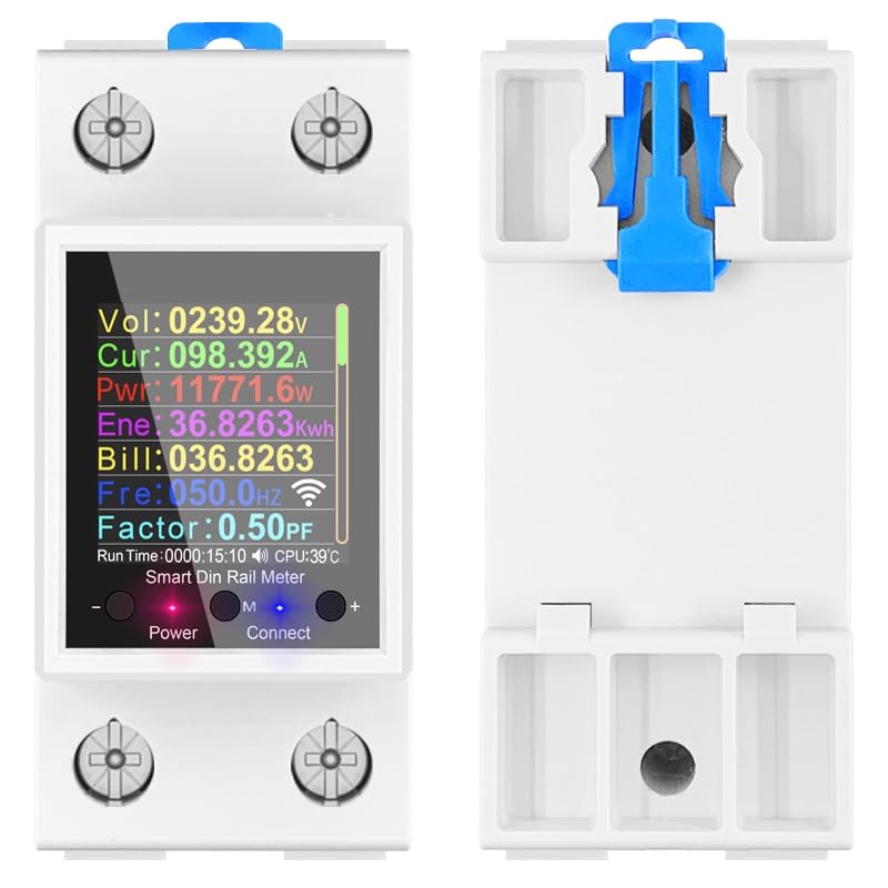 AC Smart WiFi Energy Meter-(IoT) Color LCD|HIgh/Low Volt&OverLoad Protection+Timer- Siri/Alexa-Support-V-A-W-Kwh-Cost-Hz-PF-Temperature-Humidity-Timer (100A_MCB_Din Rail-2MD)