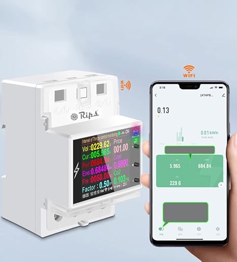 AC Smart WiFi Energy Meter-(IoT) Color LCD|HIgh/Low Volt&OverLoad Protection+Timer-Siri/Alexa-Support-V-A-W-Kwh-Cost-Hz-PF-Temperature-Humidity-Timer (100A Din Rail)