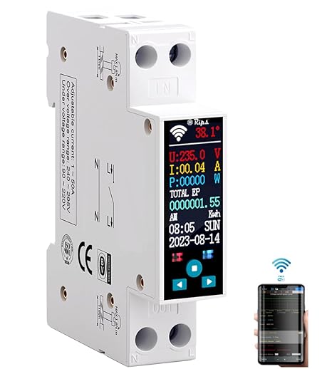 AC Smart WiFi Energy Meter-(IoT) Color LCD|HIgh/Low Volt&OverLoad Protection+Timer-Siri/Alexa-Support-V-A-W-Kwh-Cost-Hz-PF-Temperature-Humidity-Timer (50A_MCB_Din_Rail)