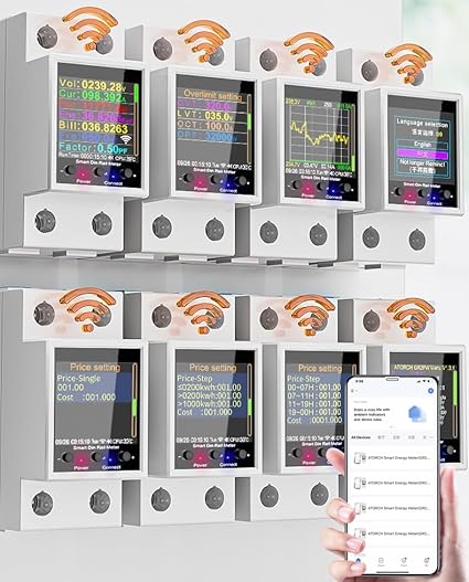 AC Smart WiFi Energy Meter-(IoT) Color LCD|HIgh/Low Volt&OverLoad Protection+Timer- Siri/Alexa-Support-V-A-W-Kwh-Cost-Hz-PF-Temperature-Humidity-Timer (100A_MCB_Din Rail-2MD)