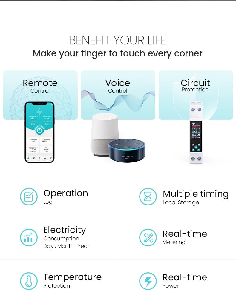 AC Smart WiFi Energy Meter-(IoT) Color LCD|HIgh/Low Volt&OverLoad Protection+Timer-Siri/Alexa-Support-V-A-W-Kwh-Cost-Hz-PF-Temperature-Humidity-Timer (50A_MCB_Din_Rail)