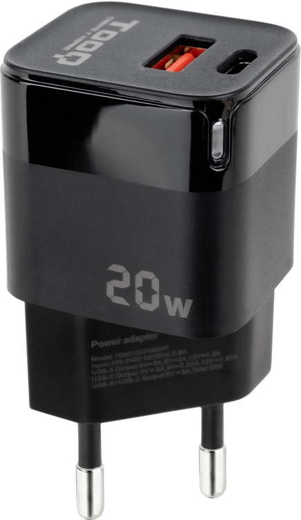 Secteur Tooq 1X Port Usb A 1X Port Usb C 20W Noir