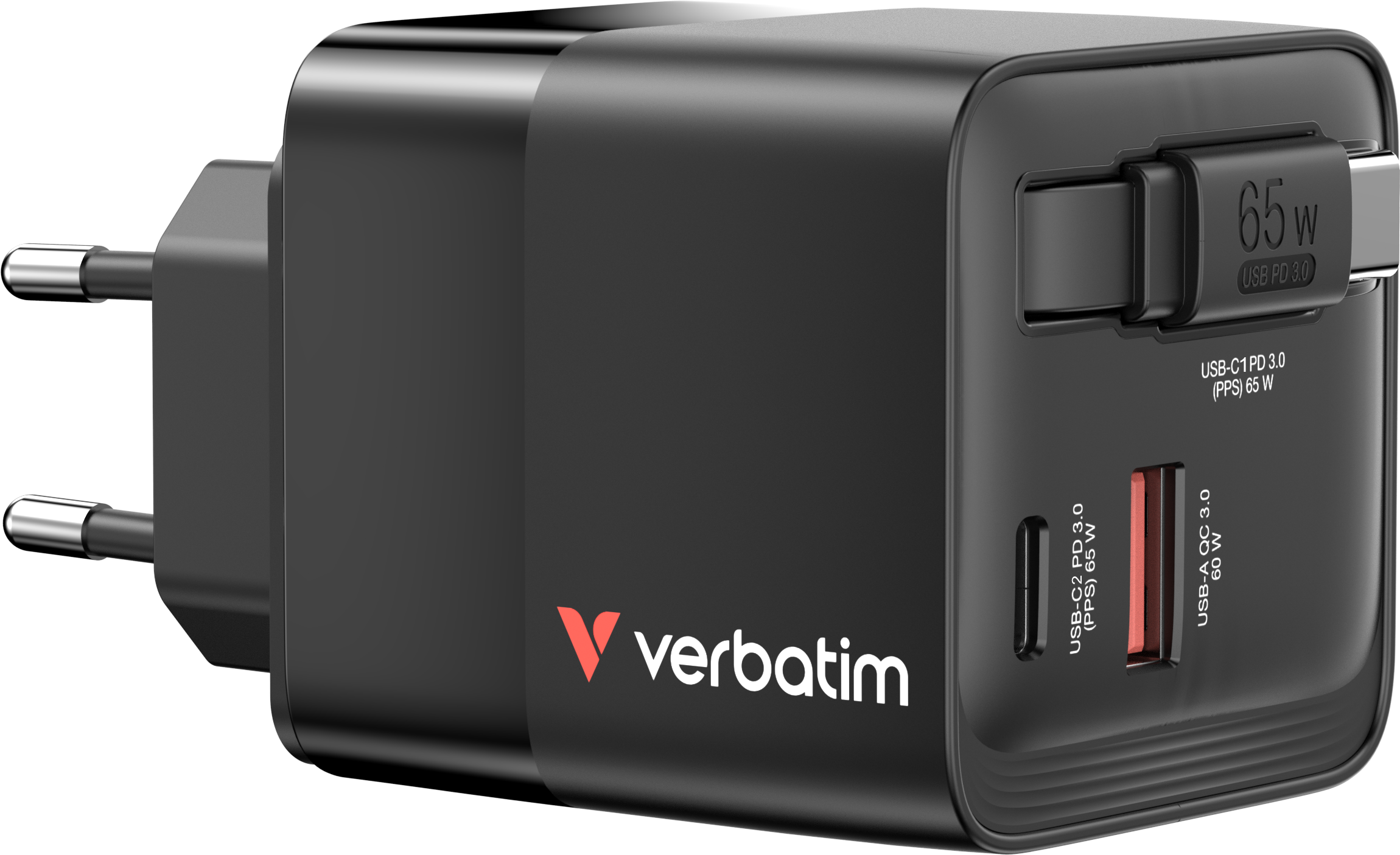 Secteur Verbatim Gan 1X Ports Usb A 1X Port Usb C 65W Avec Cable Retractablenoir