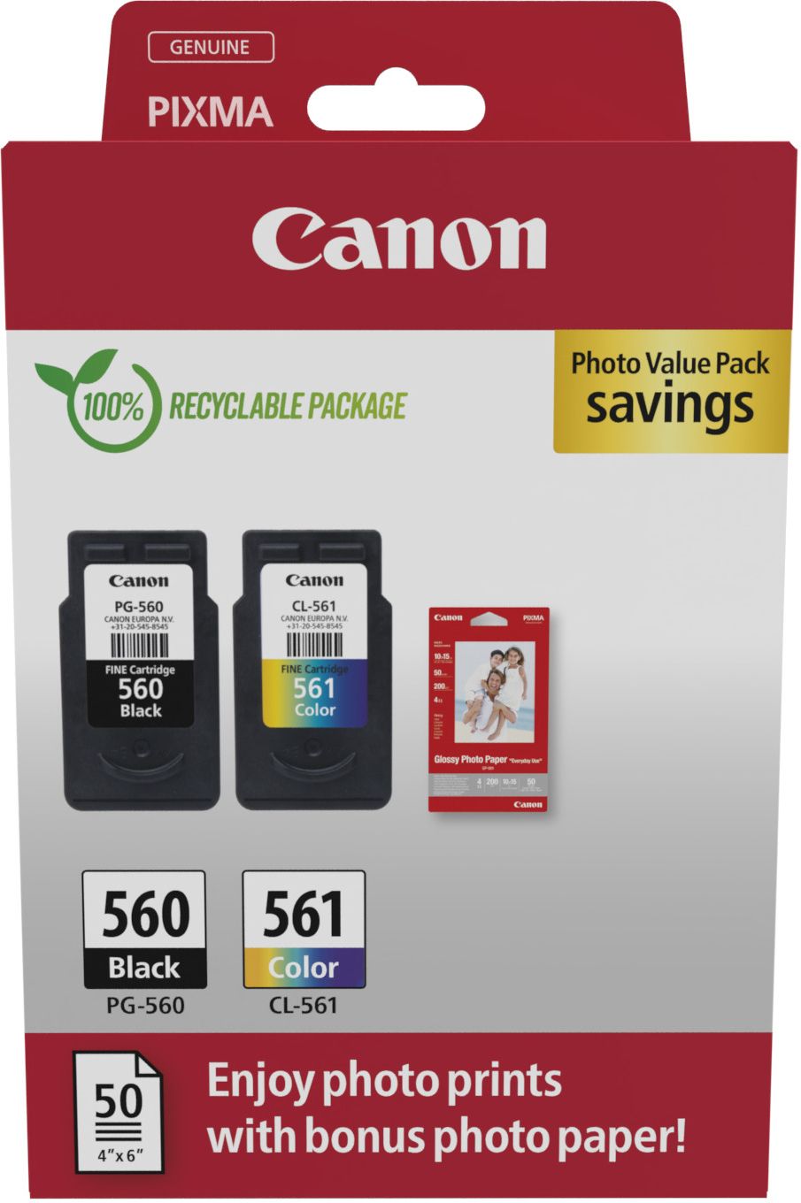 Pack 2 Cartouches Dencre Canon Pg 560Cl 561 Photo Value Pack Noir Couleurs 50X Papiers Photo