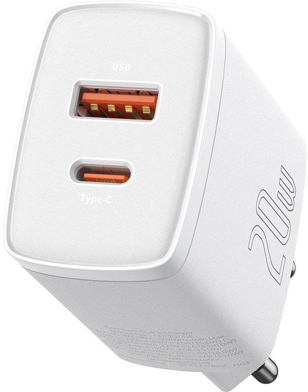 Secteur Baseus Compact 1X Port Usb A 1X Port Usb C 20W Blanc