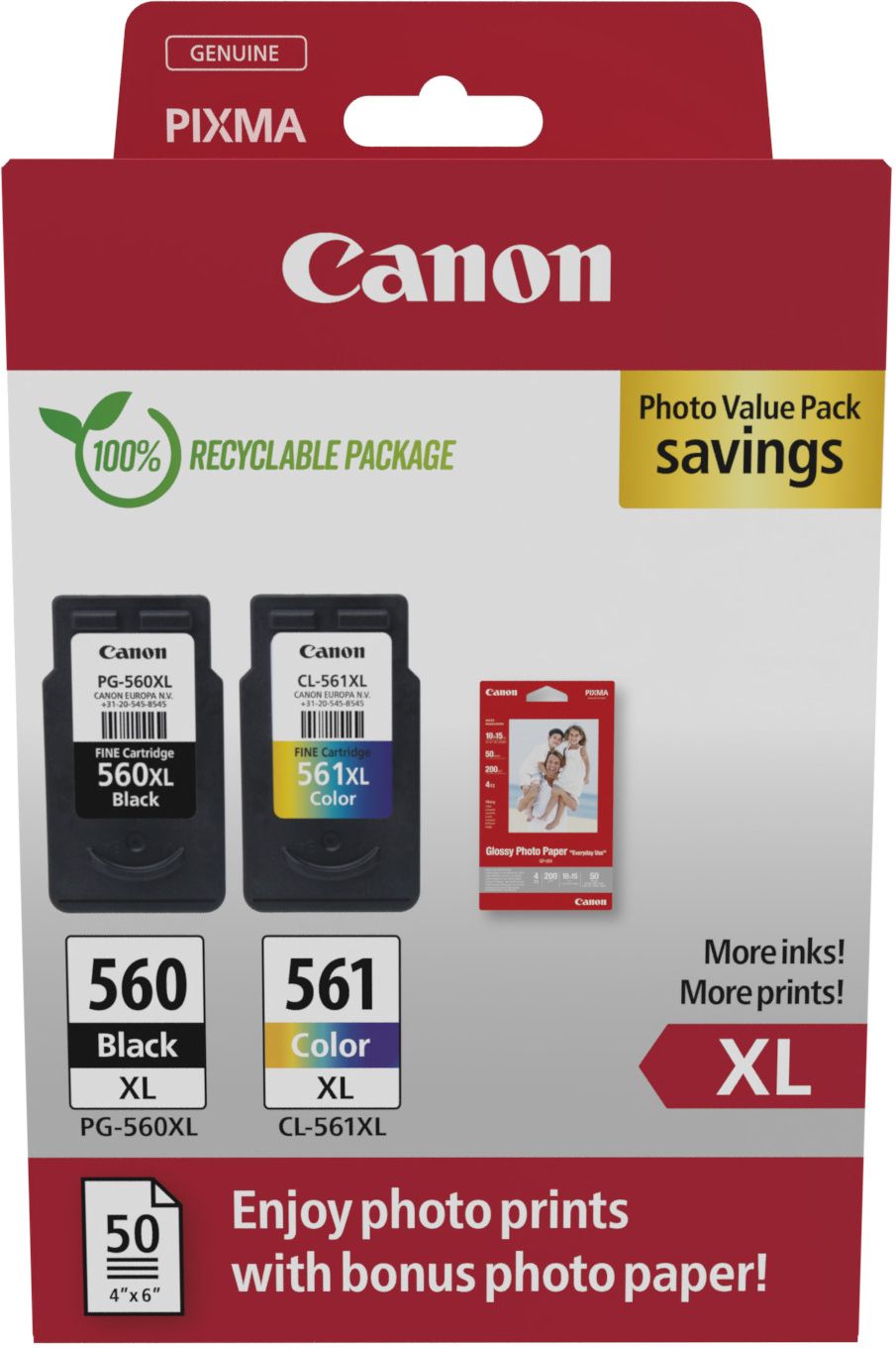 Pack 2 Cartouches Dencre Canon Pg 560Xlcl 561Xl Photo Value Pack Noir Couleurs 50X Papiers Photo