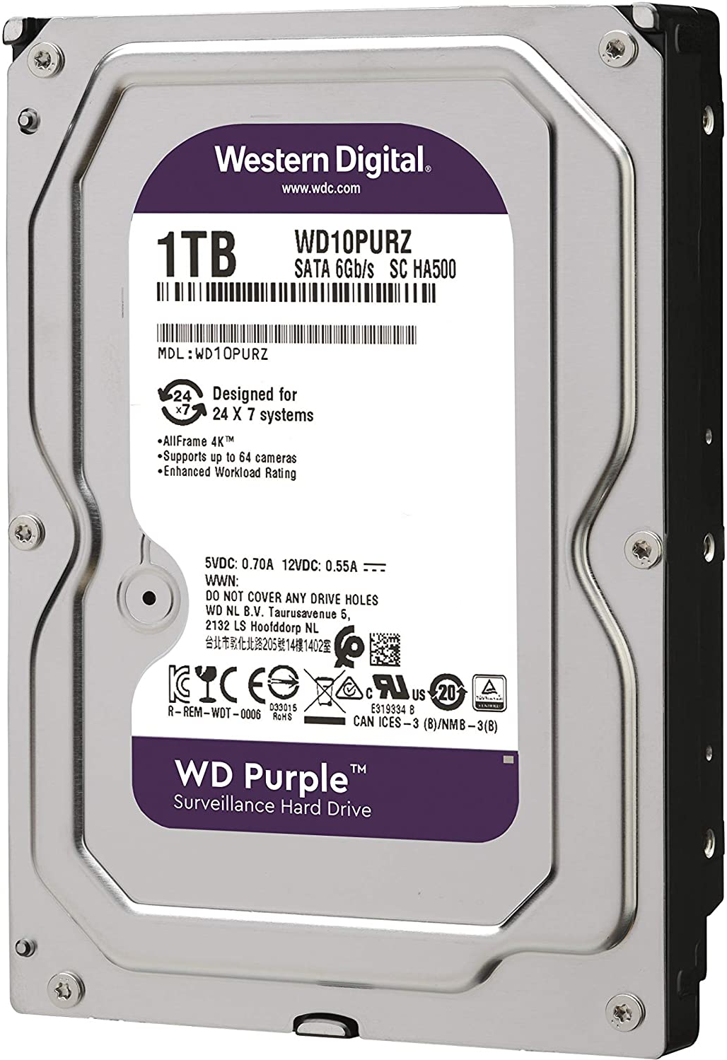 Disque Dur 35 Pouces Western Digital Purple Surveillance 1To 64Mo S Ata
