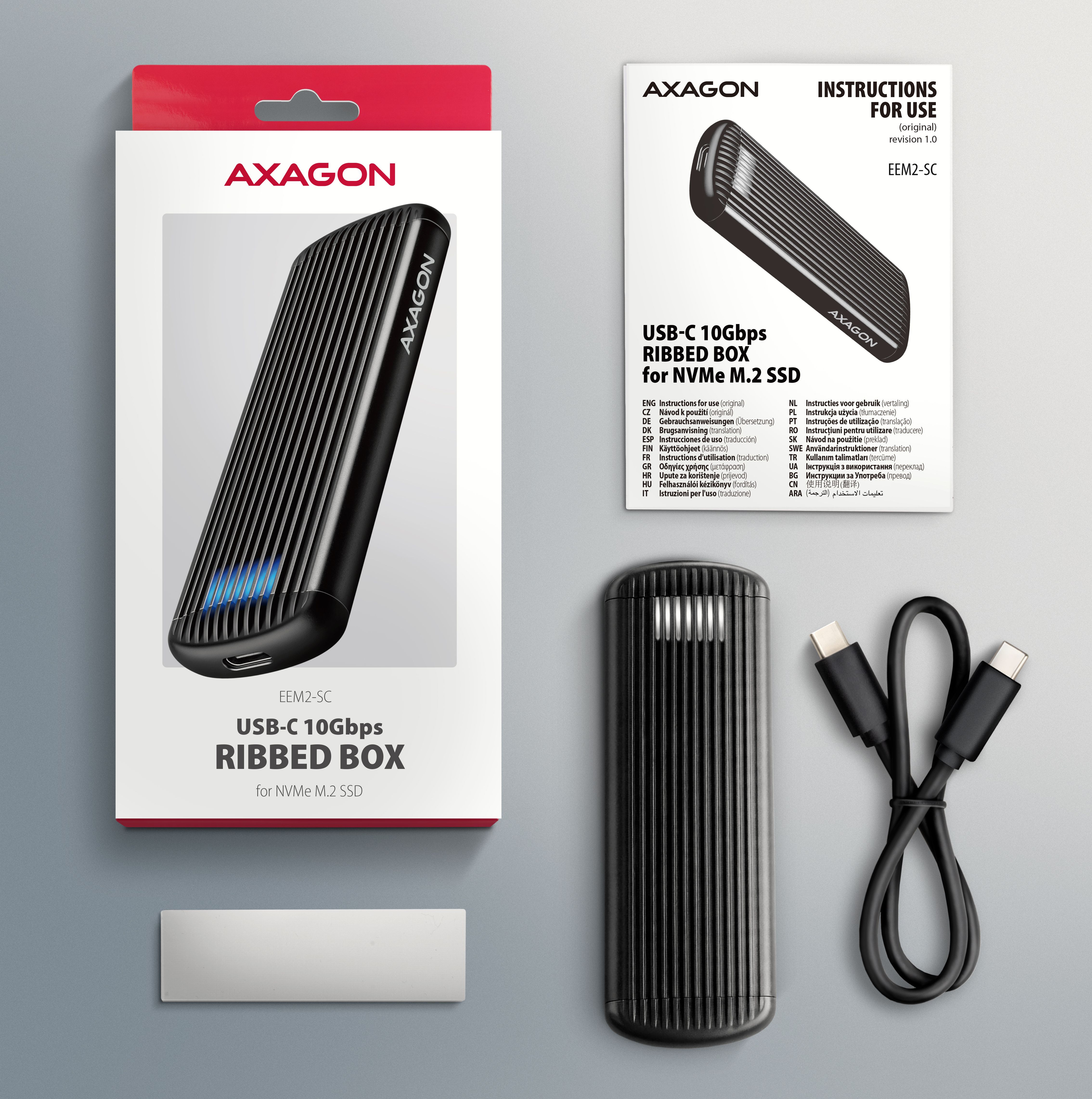 Usb C 32 Axagon Eem2 Sc Ribbed Nvme M2 Type 2280 Noir