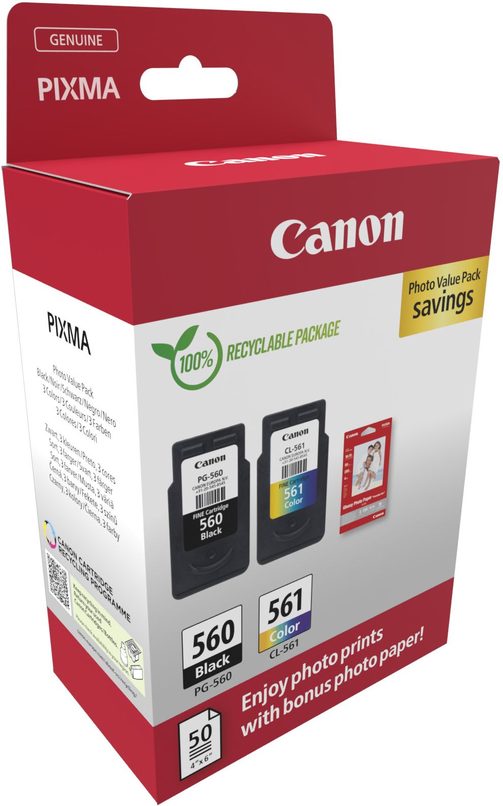 Pack 2 Cartouches Dencre Canon Pg 560Cl 561 Photo Value Pack Noir Couleurs 50X Papiers Photo