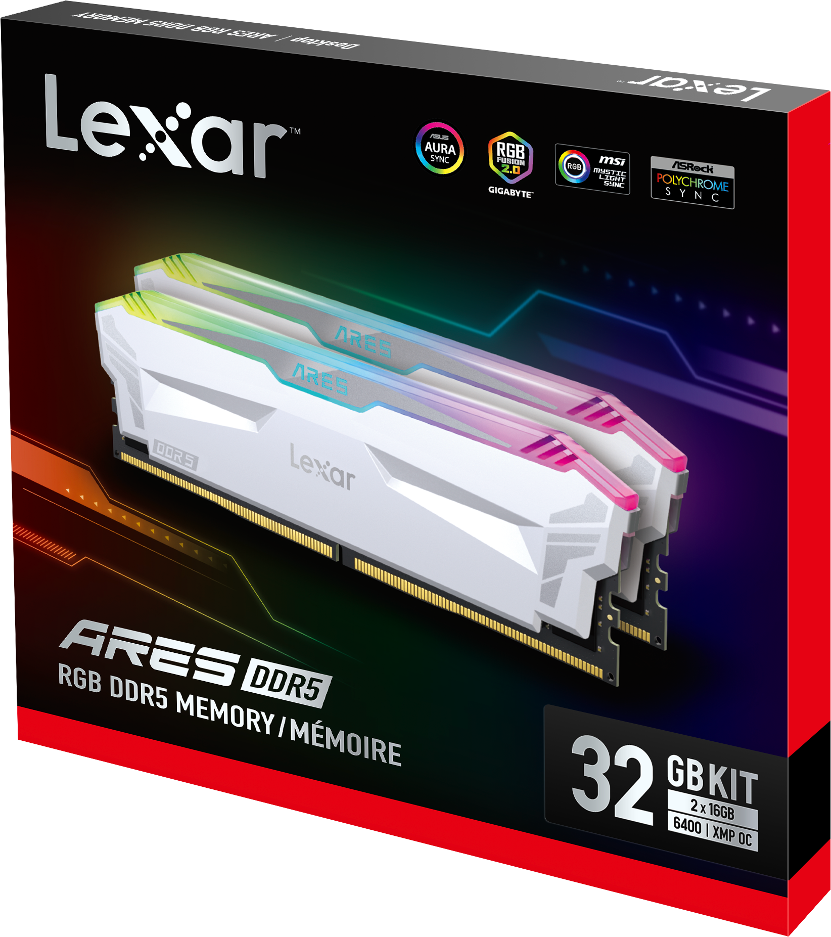 Kit Barrettes Memoire 32Go 2X16Go Dimm Ddr5 Lexar Ares Rgb 7200Mhz Noir