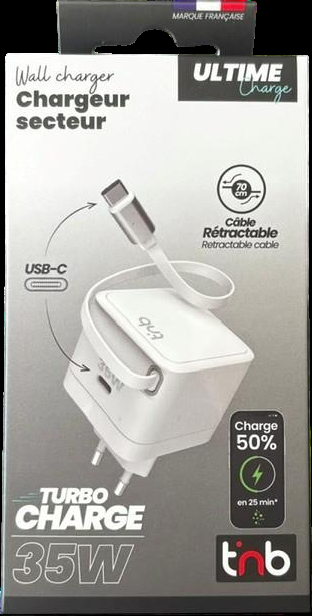 Secteur Tnb Tugn Block 2X Usb C Avec Cable Retractable 35W Blanc