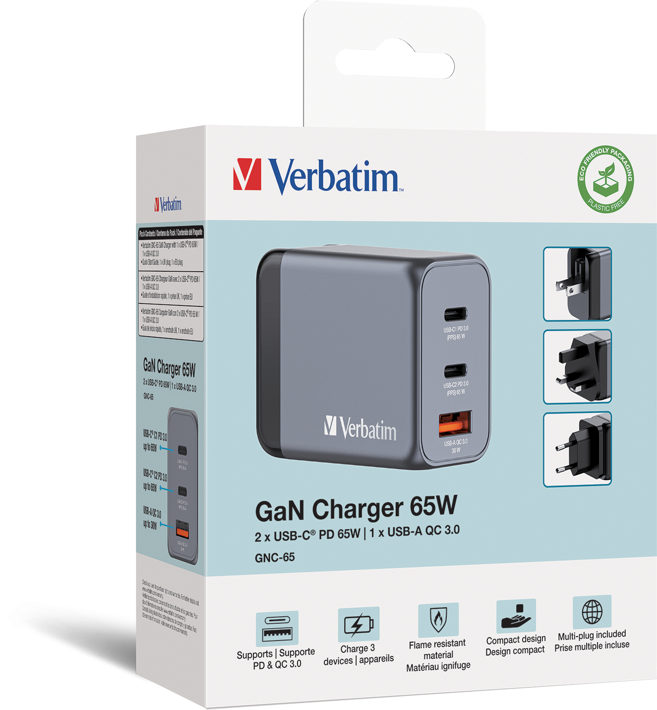 Secteur Verbatim Gnc 1X Port Usb A 2X Ports Usb C 65W Noir