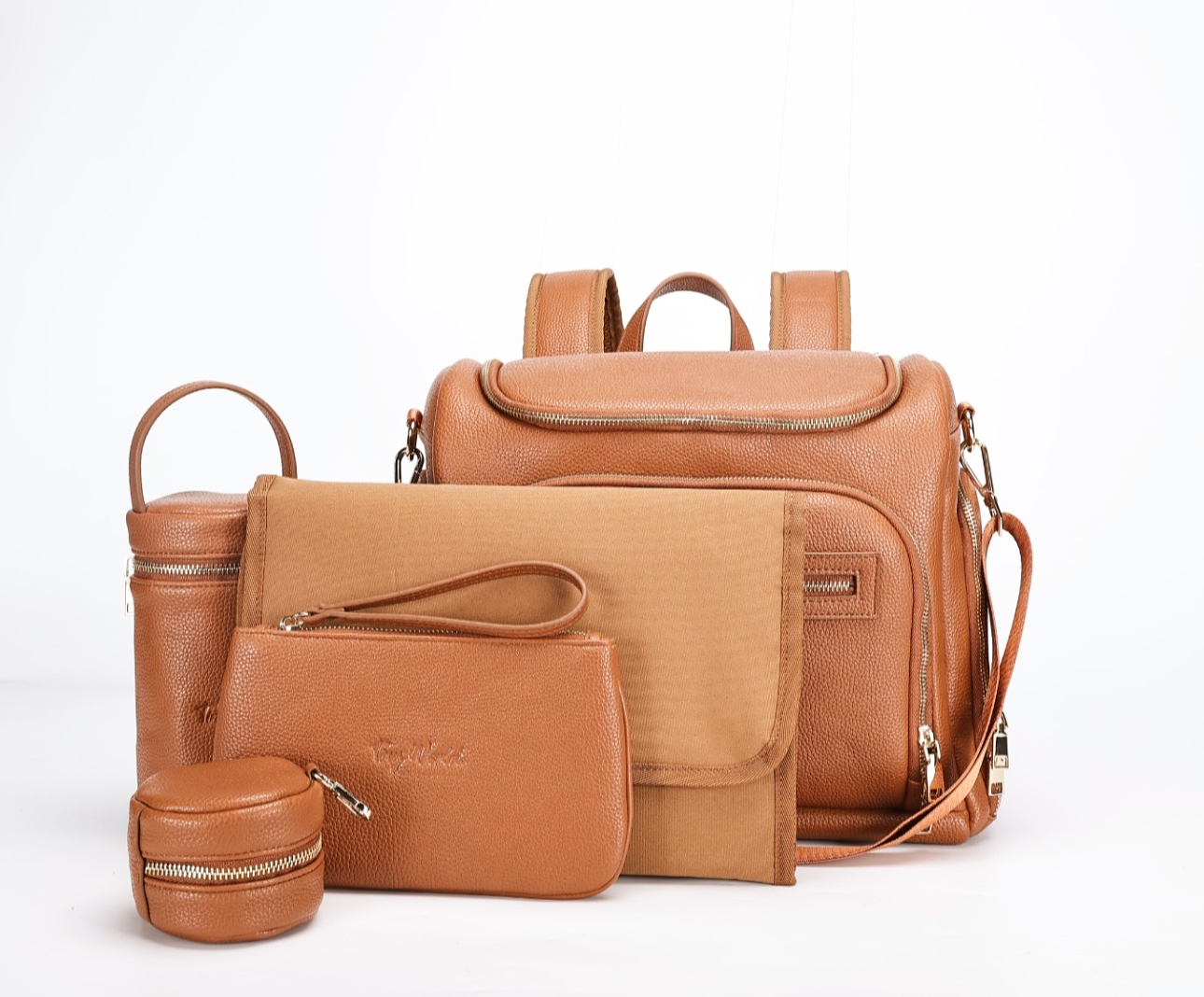Luxury Vegan Leather Diaper Bag Set - Camel Brown