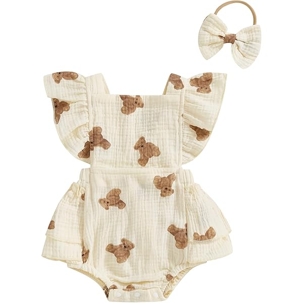Baby romper with teddy bear print and matching headband