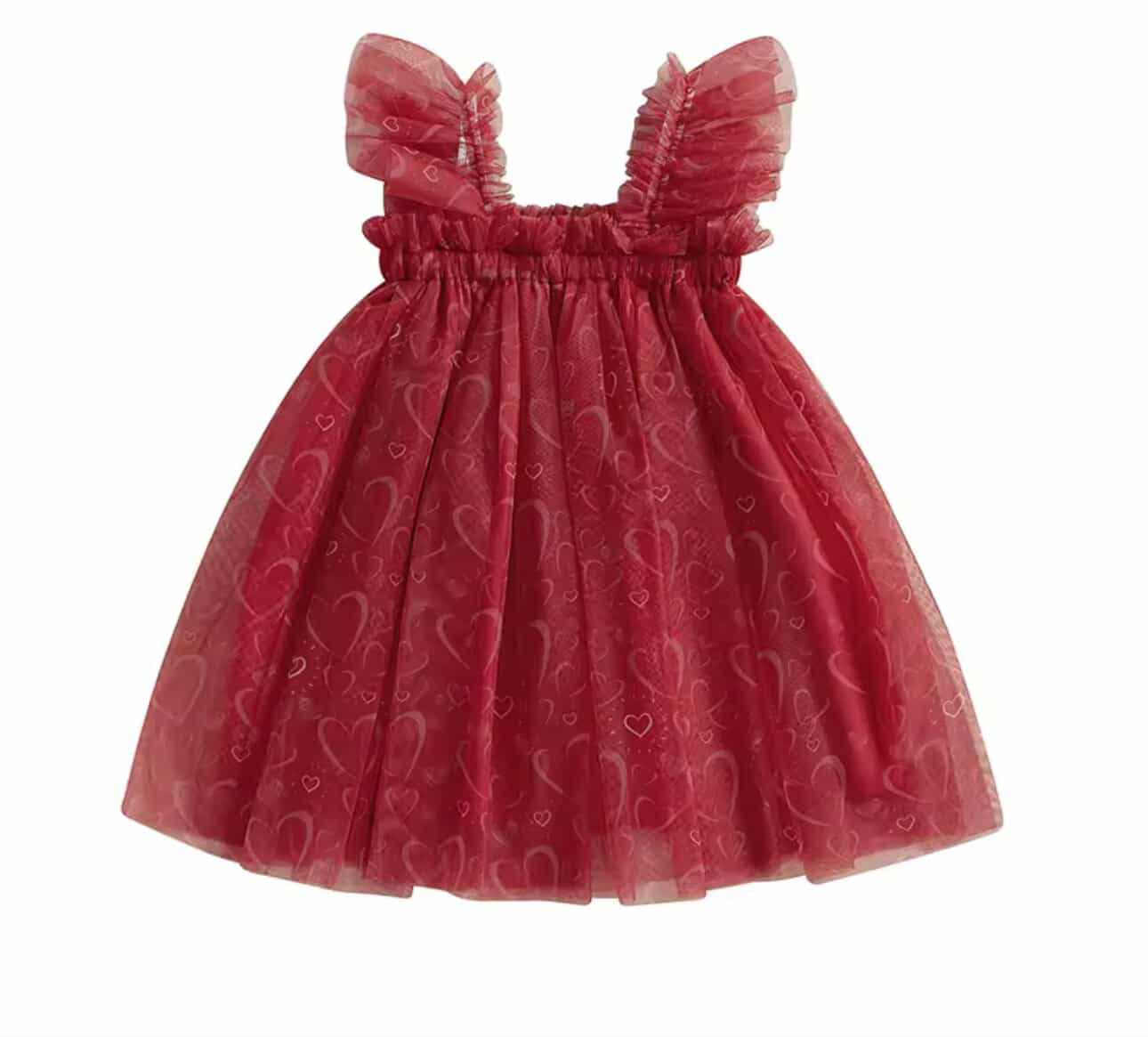Red Heart Print Tulle Dress