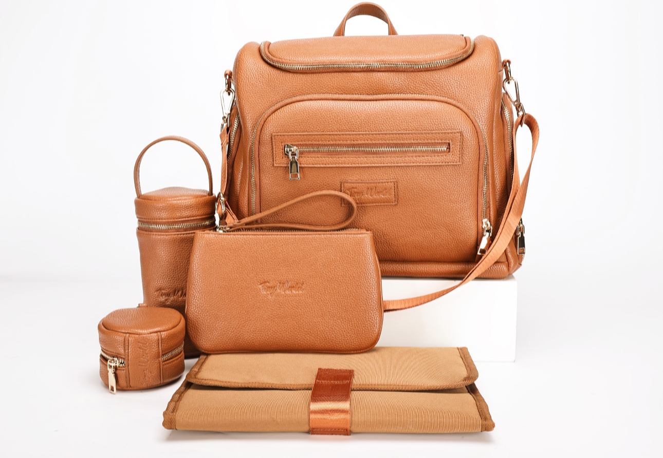 Luxury Vegan Leather Diaper Bag Set - Camel Brown