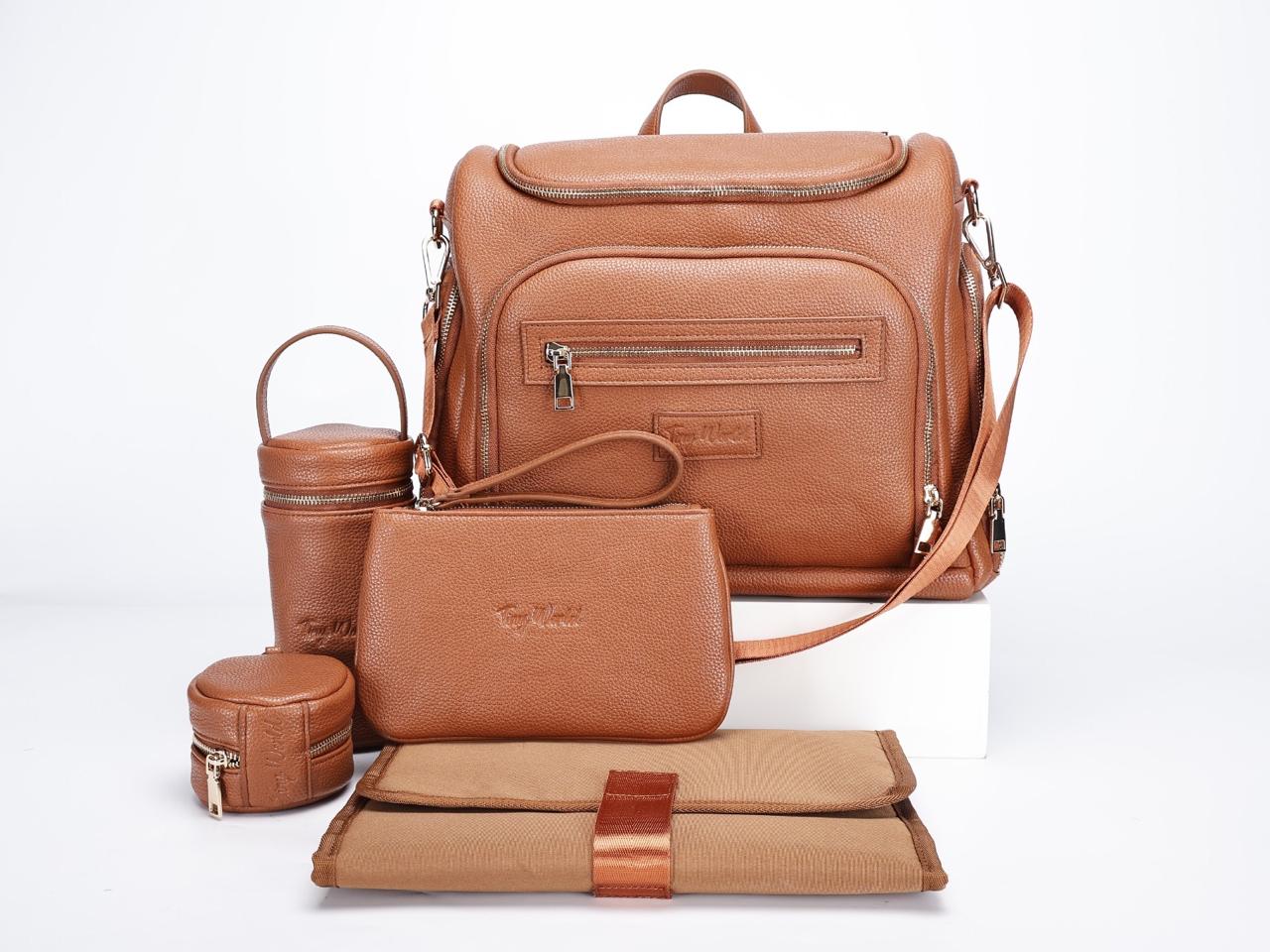 Luxury Vegan Leather Diaper Bag Set - Camel Brown