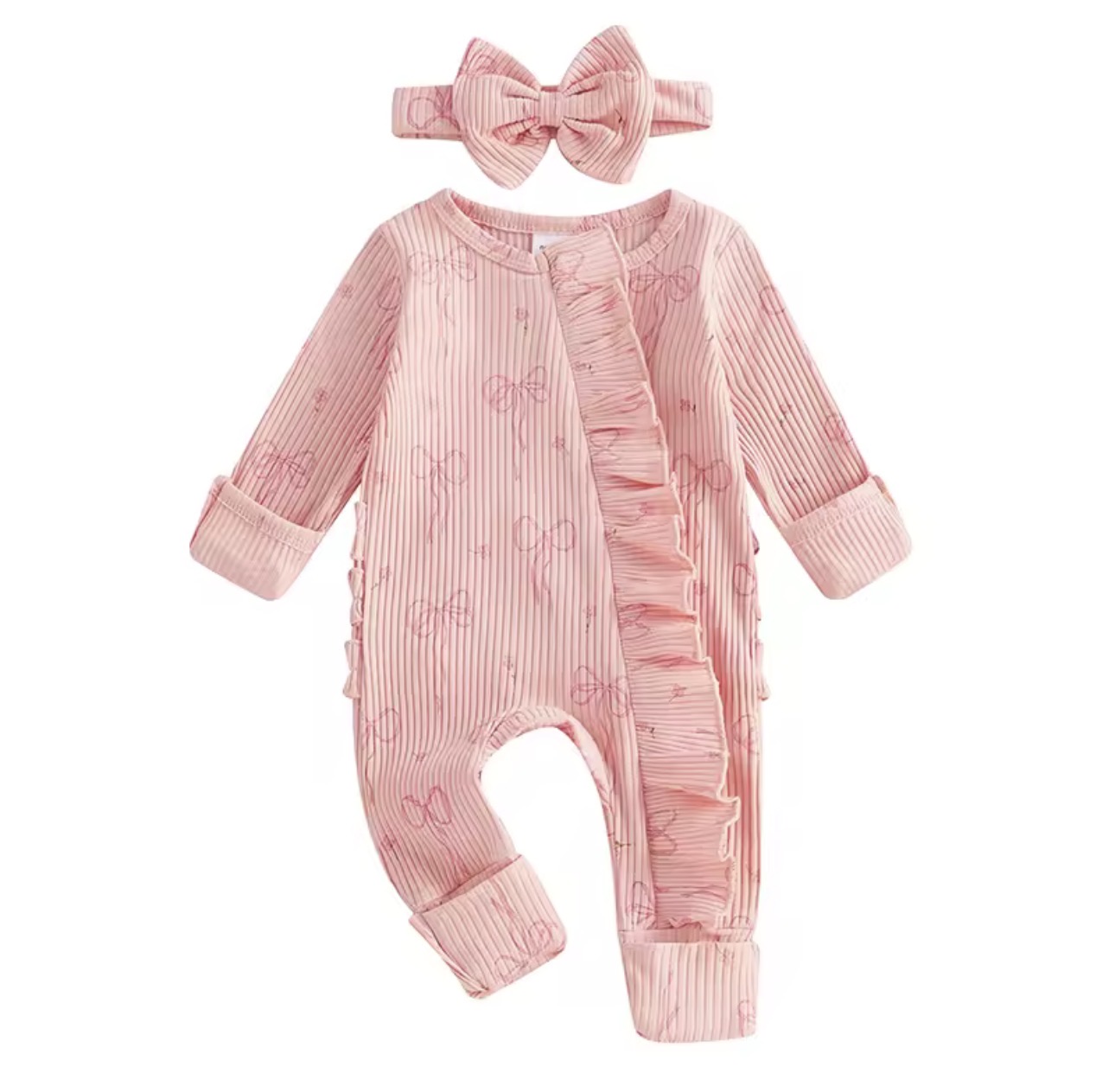Baby Girl Pink Ruffle Romper with Headband