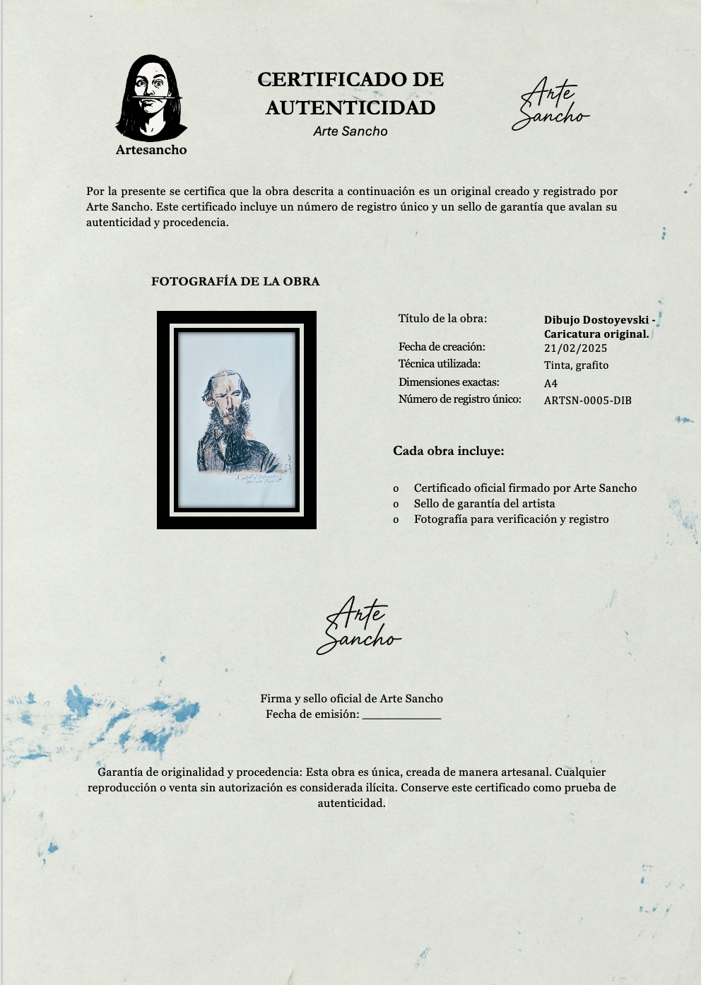Dibujo Dostoyevski - Caricatura original tinta