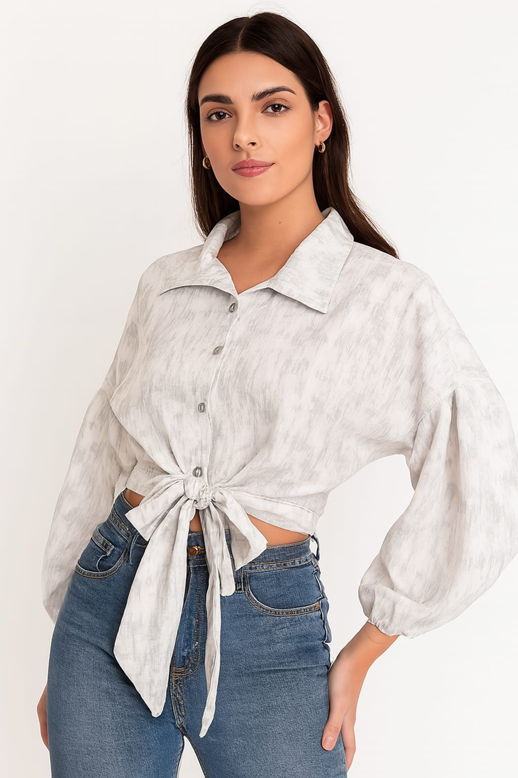 Blusa de manga larga con nudo delantero