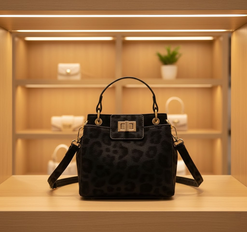 Bolso de mano negro con estampado animal print