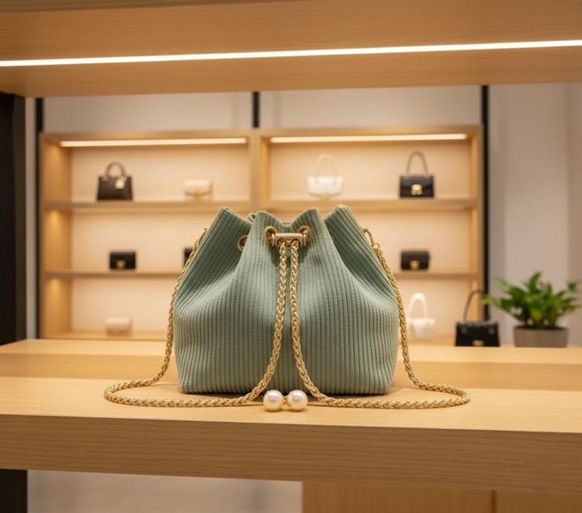 Bolso de tela verde con cadena dorada