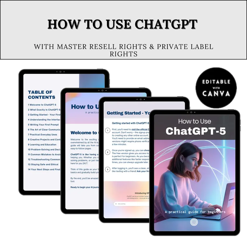 ChatGPT AI PLR eBook | Editable Canva Template | Beginner’s AI Guide & Tutorial | Digital Download with Resell Rights for Online Business