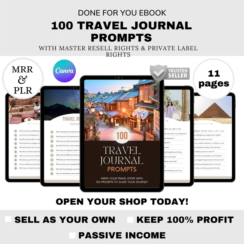 Travel Journal PLR eBook | Editable Canva Template | Mindful Travel Prompts Reflection Guide | Digital Journal for Resale & Passive Income