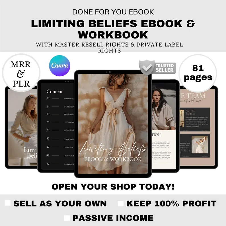 Coaching PLR eBook & Workbook | Editable Canva Template | Mindset and Limiting Beliefs Guide | Self-Help and Mental Wellness Digital Product