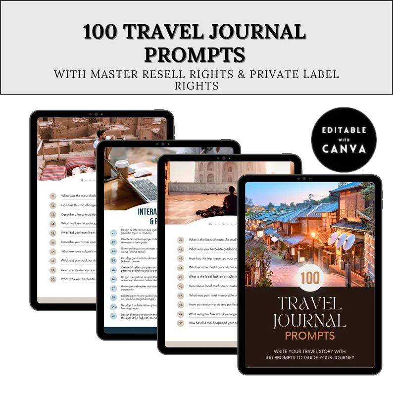 Travel Journal PLR eBook | Editable Canva Template | Mindful Travel Prompts Reflection Guide | Digital Journal for Resale & Passive Income