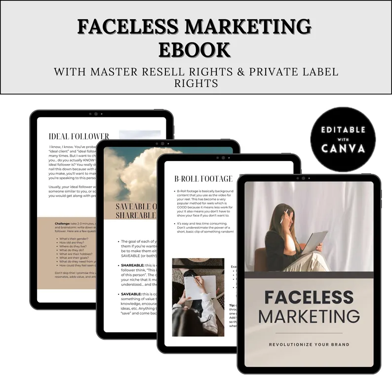 Faceless Marketing PLR eBook | Canva Editable Template | Instagram Reels & Social Media Growth Guide | Digital Download with Resell Rights