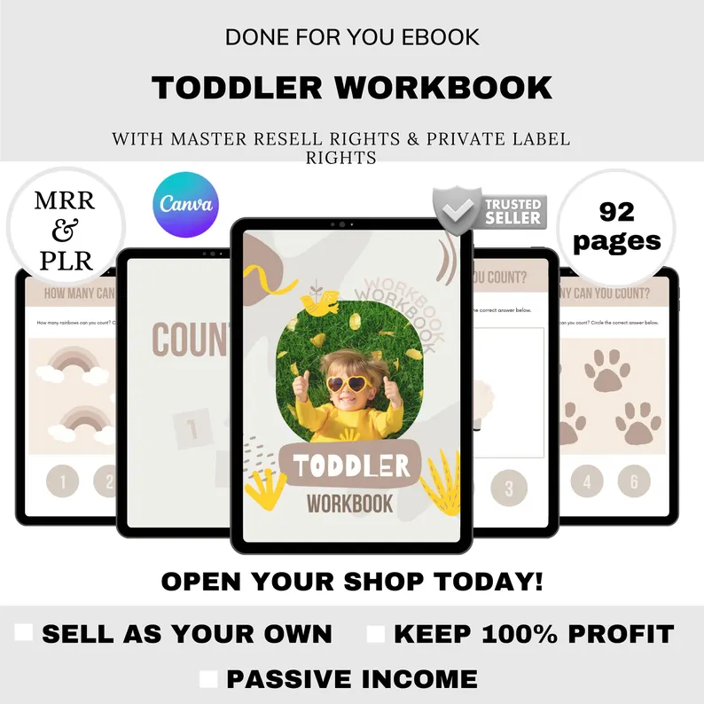 Toddler and Preschool PLR Workbook | Editable Canva Template | Counting, Tracing & Early Learning Worksheets | Homeschool Kids Activity Book