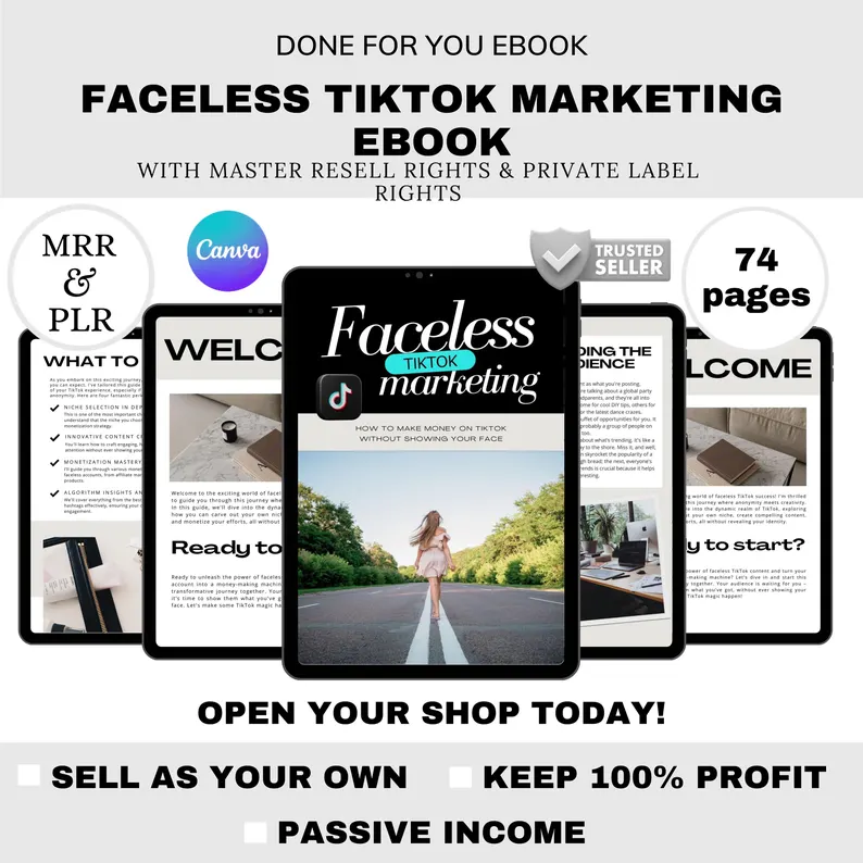 TikTok Marketing PLR eBook | Faceless TikTok Canva Template | Social Media Growth & Monetization Guide | Affiliate, Passive Income Strategy