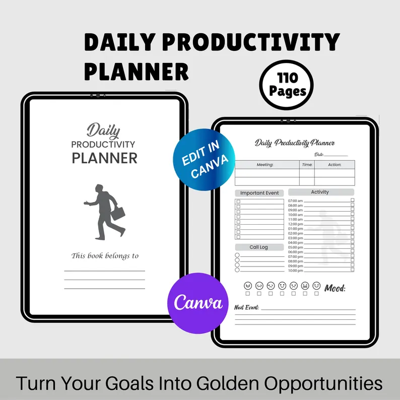 KDP Interior Daily Productivity Planner | Activity Journal, Tracker and Logbook | To-Do List & Schedule Planner | Printable Notebook PDF