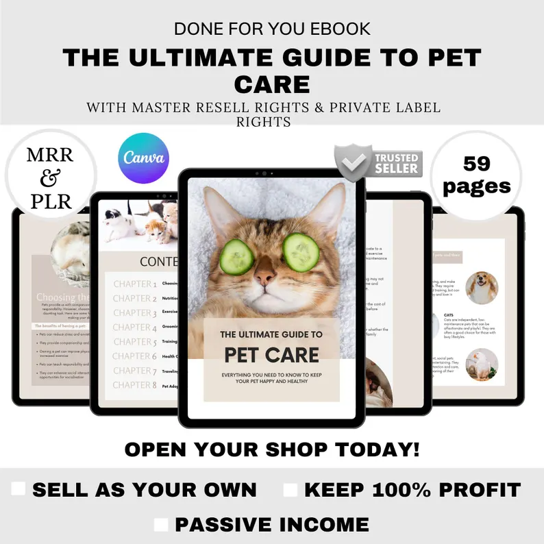 Pet Care PLR eBook | Editable Canva Template | Dog & Cat Care Guide | Pet Health, Nutrition Training Tips | Digital Lead Magnet for Resale
