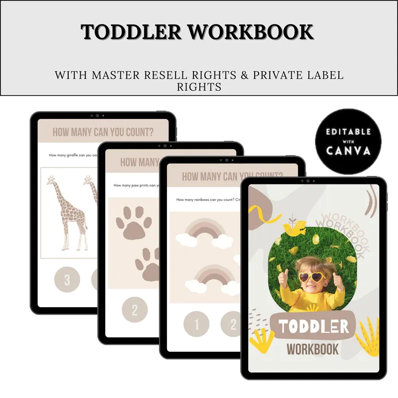 Toddler and Preschool PLR Workbook | Editable Canva Template | Counting, Tracing & Early Learning Worksheets | Homeschool Kids Activity Book