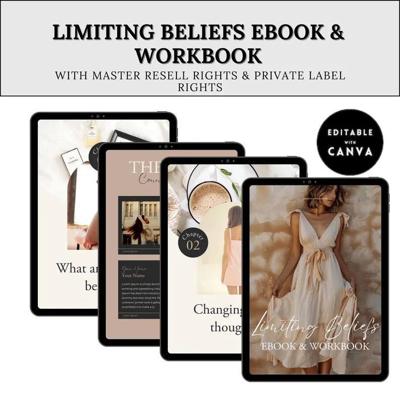 Coaching PLR eBook & Workbook | Editable Canva Template | Mindset and Limiting Beliefs Guide | Self-Help and Mental Wellness Digital Product