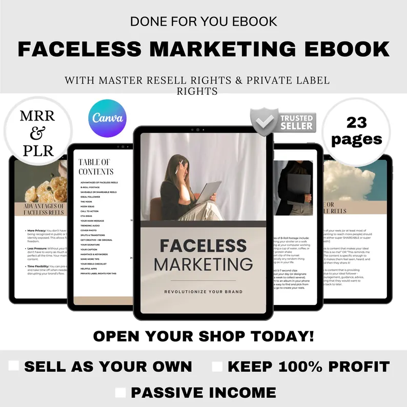 Faceless Marketing PLR eBook | Canva Editable Template | Instagram Reels & Social Media Growth Guide | Digital Download with Resell Rights