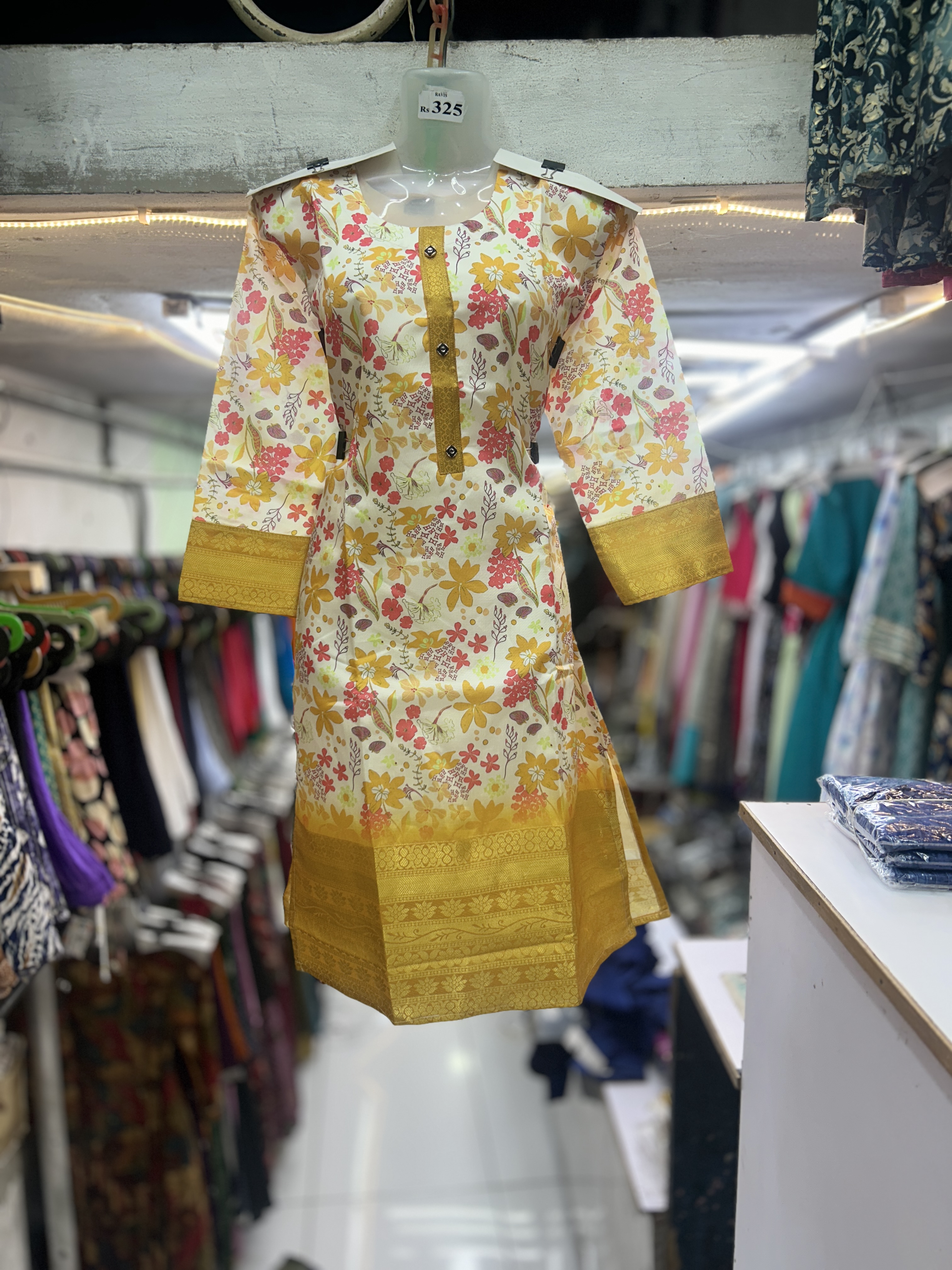 Floral Print Yellow Chiffon Kurti