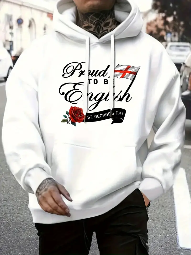 “Proud to Be English Men’s Hoodie – Fleece-Lined Comfort with Union Jack & Rose Print”