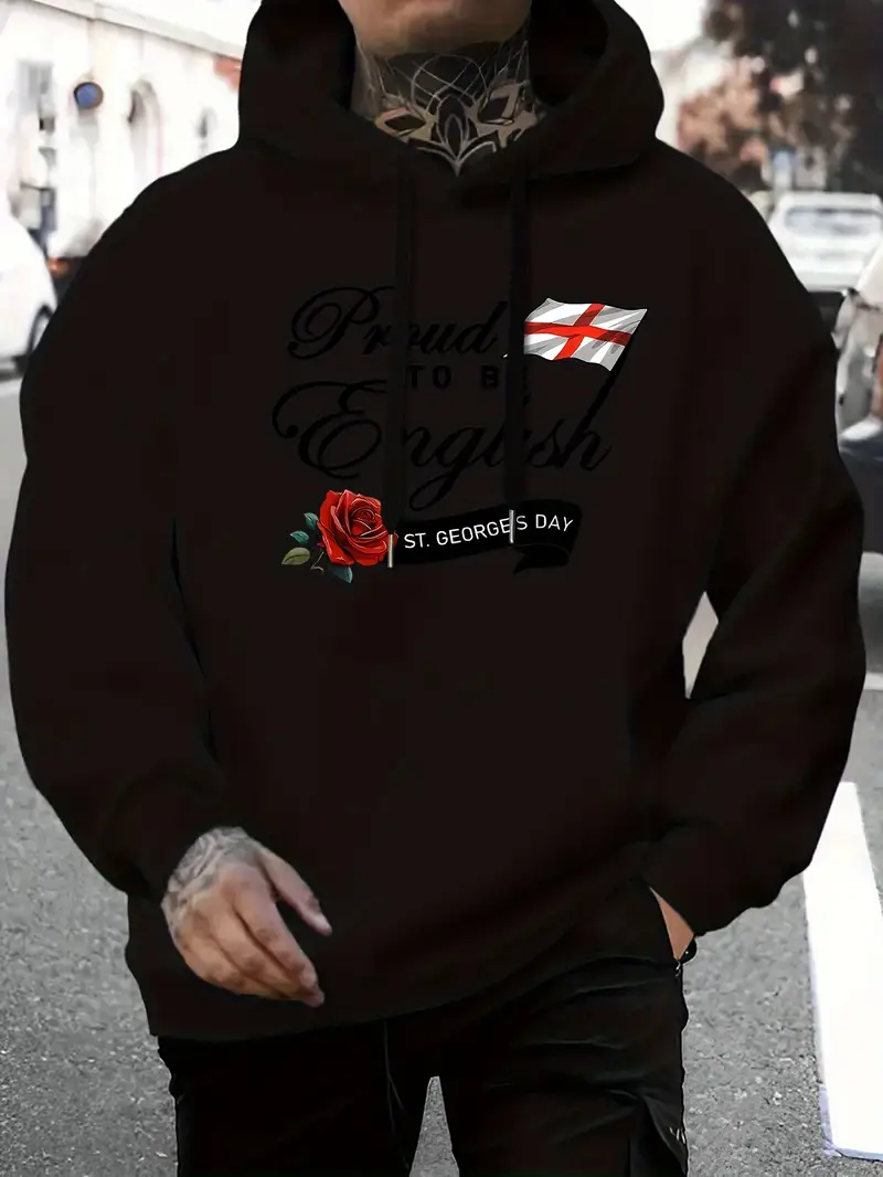 “Proud to Be English Men’s Hoodie – Fleece-Lined Comfort with Union Jack & Rose Print”