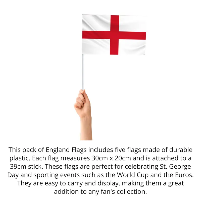 England Hand Flags – Pack of 5 | 30cm x 20cm with White Pole