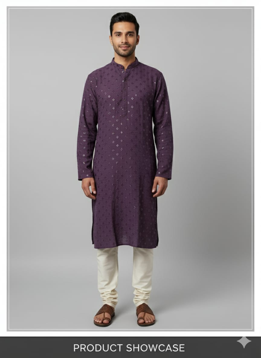 Men's  Chicken Purple Embroidered Kurta Set