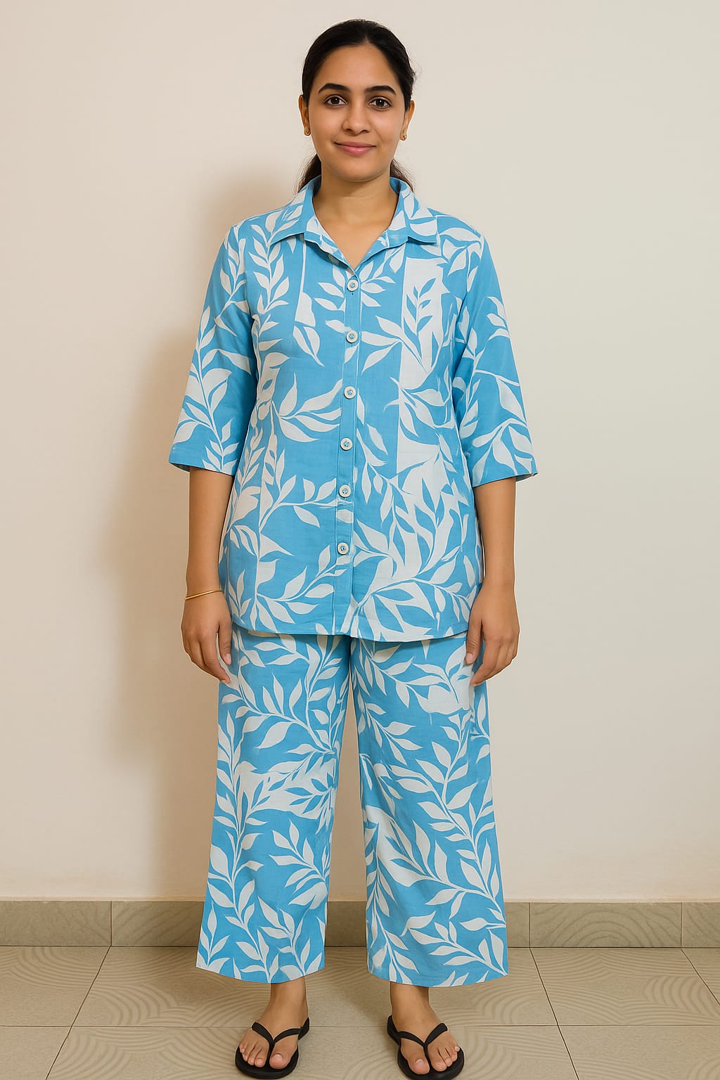 Blue Leaf Print Cotton Pajama Set