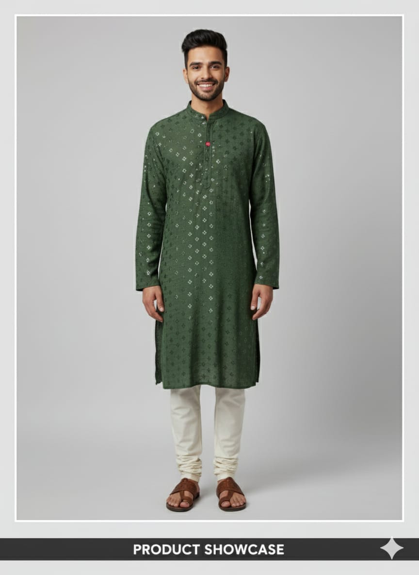 Men's Chicken Embroidered Green  Kurta Set
